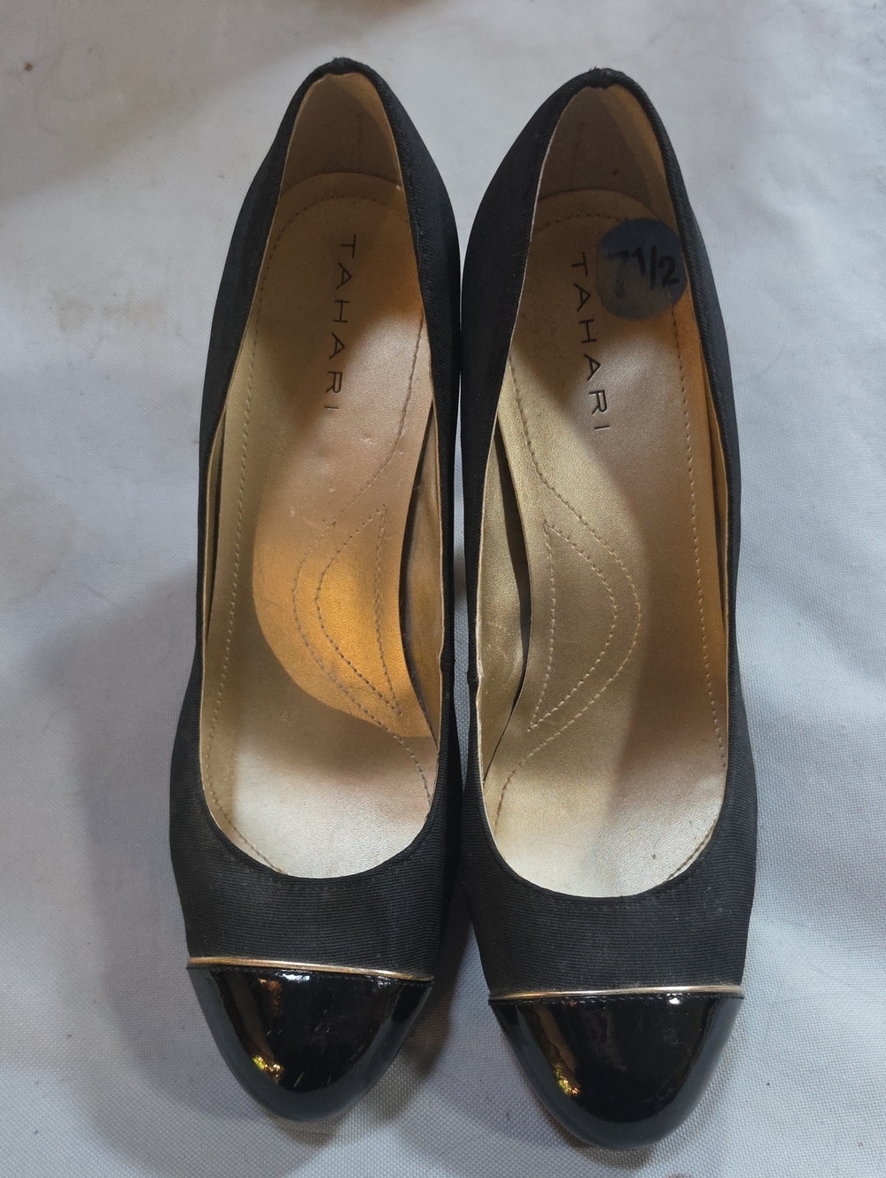 TAHARI Laurie Black Patent Spectator Heels With Gold Trim
